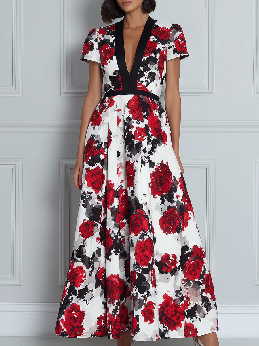 Deep V-Neck Contrast Trim Floral Print A-Line Midi Dress
