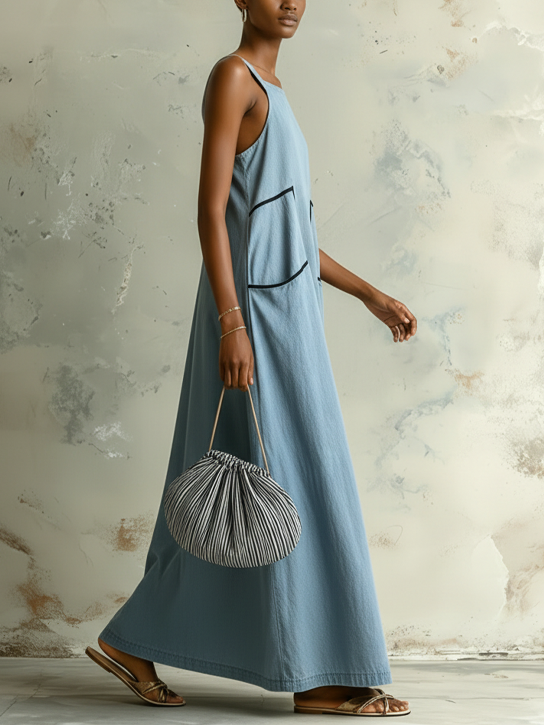 Light Blue Denim Contrast Trim Cami Maxi Dress