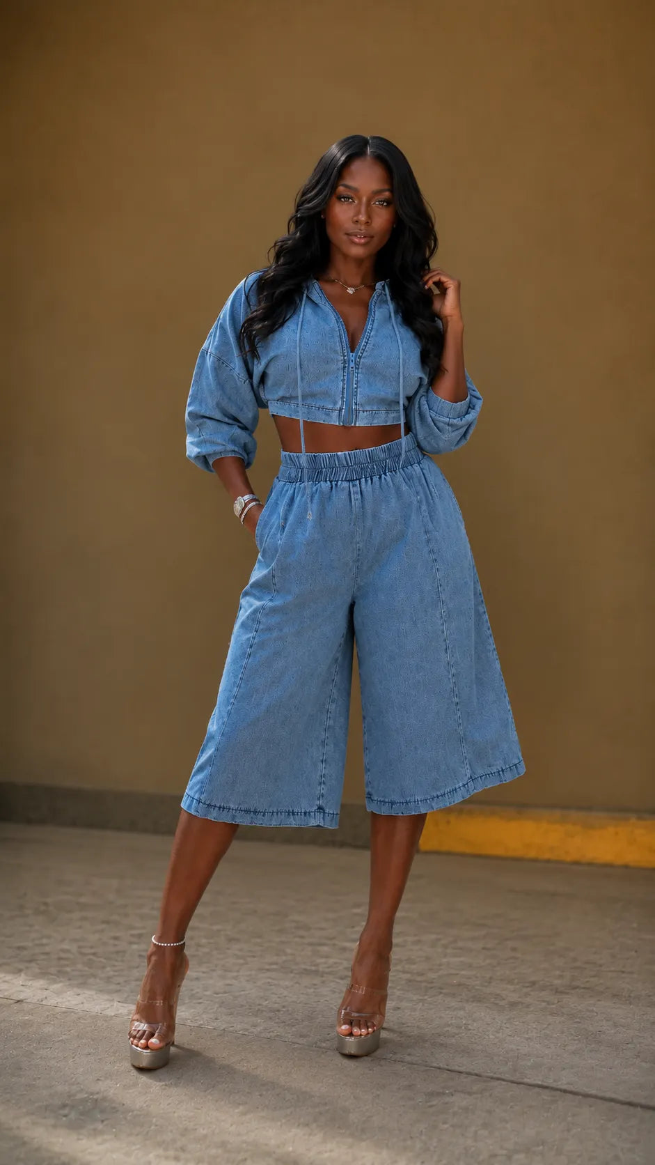Denim Hooded Crop Top & Wide Leg Bermuda Shorts Two Piece Set