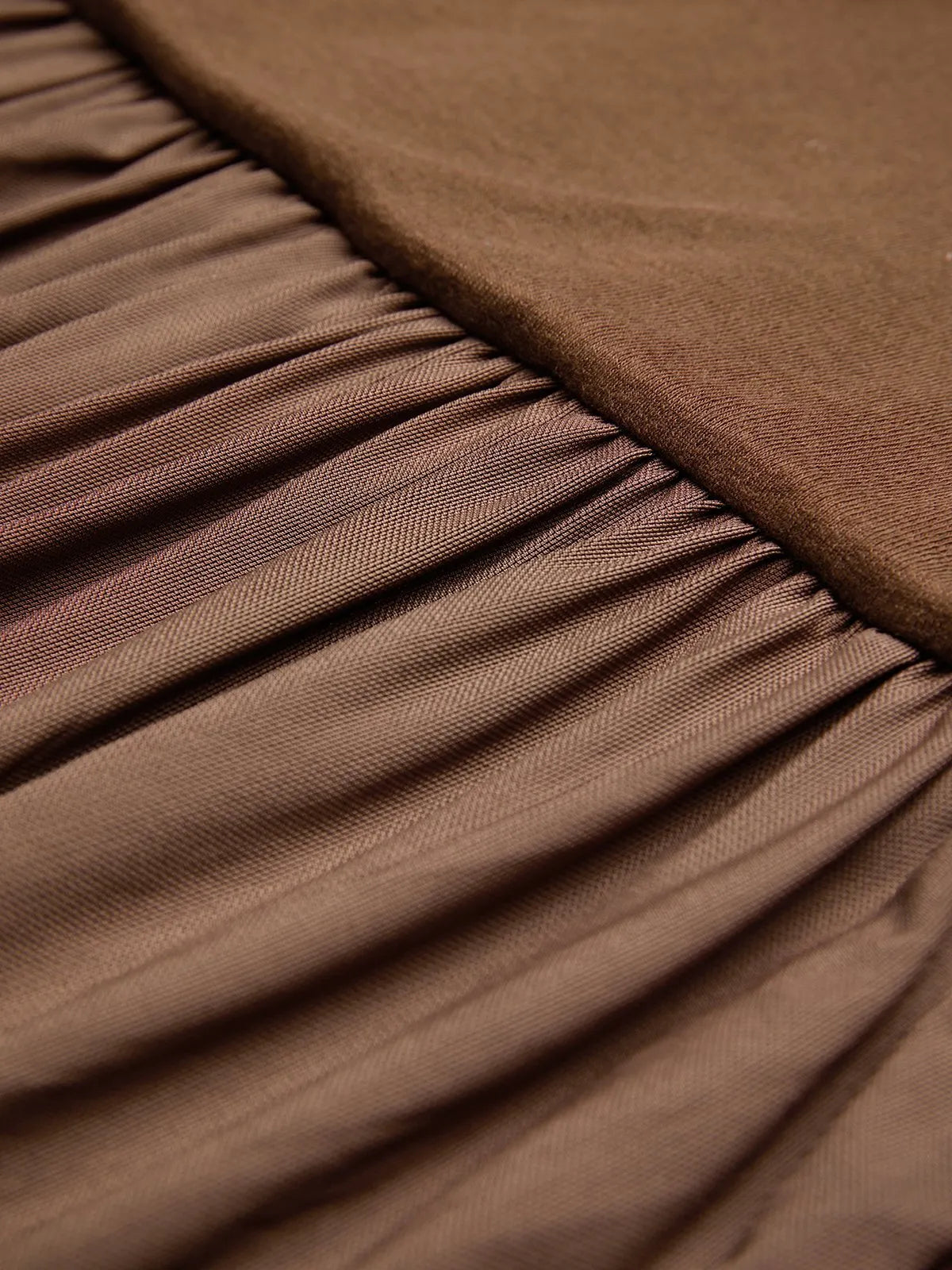 Brown Wool Lyocell Ruched Mesh Knit Mock Neck Sleeveless A-Line Maxi Dress