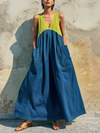 Blue & Green Colorblock Tencel Denim Sleeveless Maxi Dress