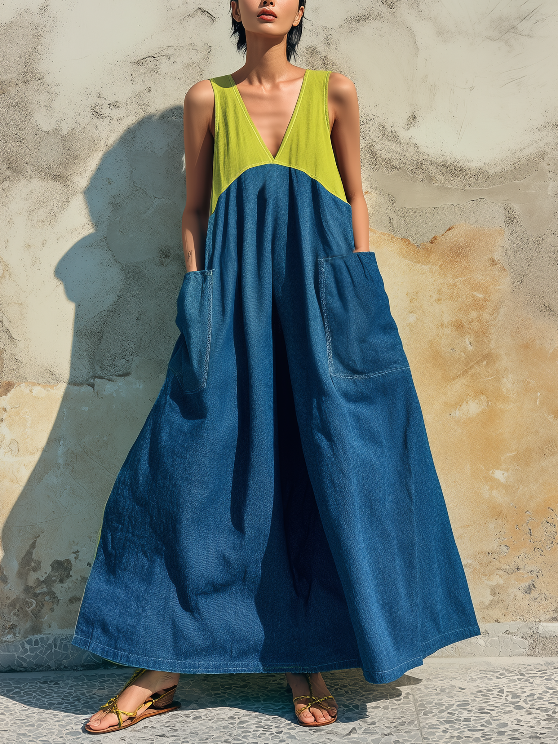 Blue & Green Colorblock Tencel Denim Sleeveless Maxi Dress