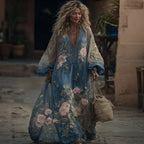 Vintage Floral Embroidered V Neck Casual Maxi Dress