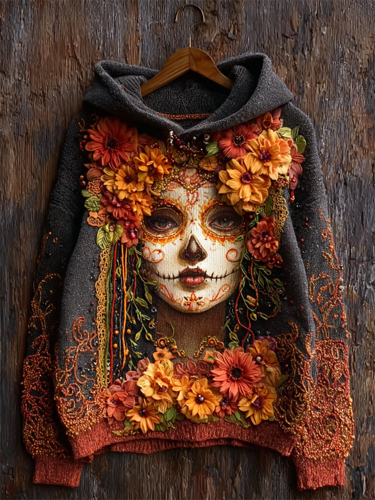 Day Of The Dead Sugar Skull Woman Flowers Lace Fiber Art Cozy Knit Hooded Sweater
