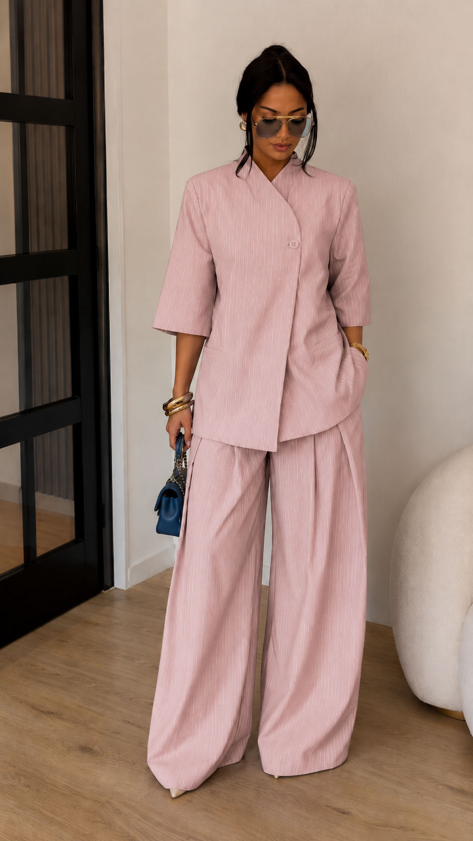 Stand Collar Blazer & Wide-Leg Pants Two-Piece