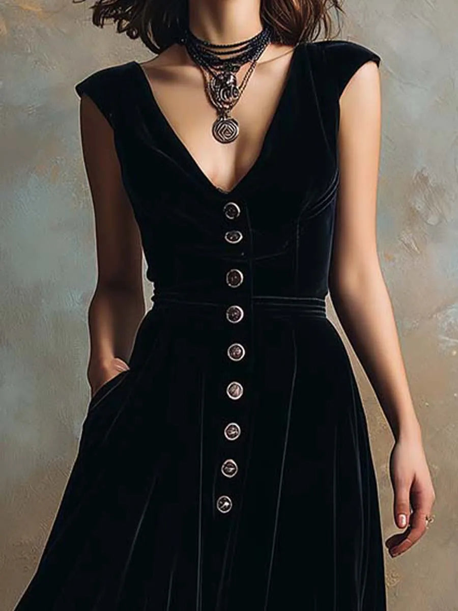Black Velvet Button-Front Maxi Dress