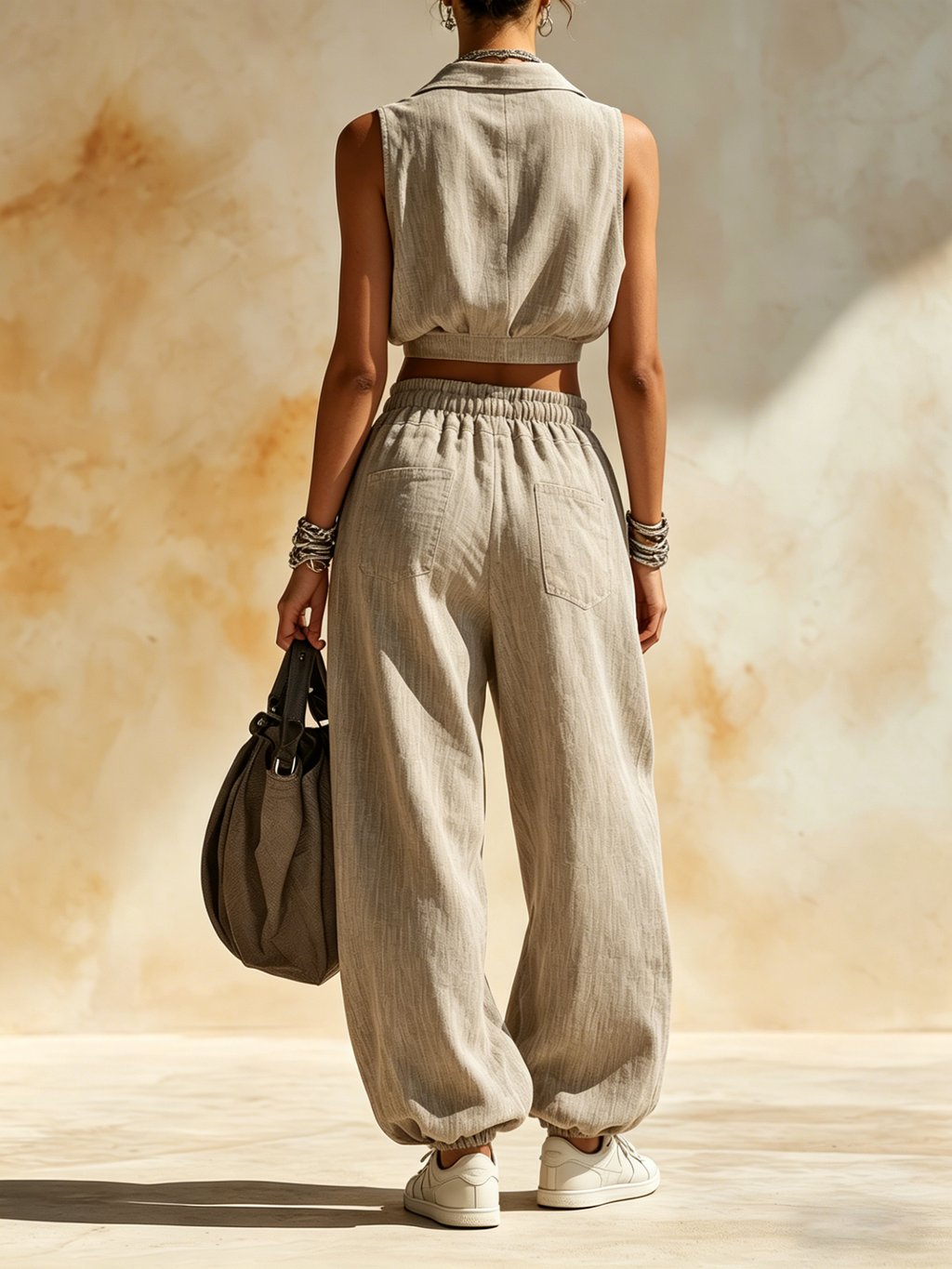 Linen-Blend Cropped Vest & Balloon Pants Two-Piece Set | Casual Chic Loungewear