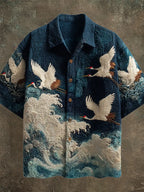 Japanese Wave & Crane Men's Casual Linen Short Sleeve Shirt