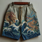 Japanese Dragons & Sea Waves Embroidered Linen Shorts