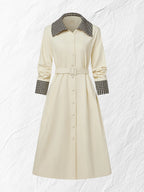 Cotton Trench Coat, Long Sleeves, Shawl Collar, Plain, Button Design, Vintage, Apricot