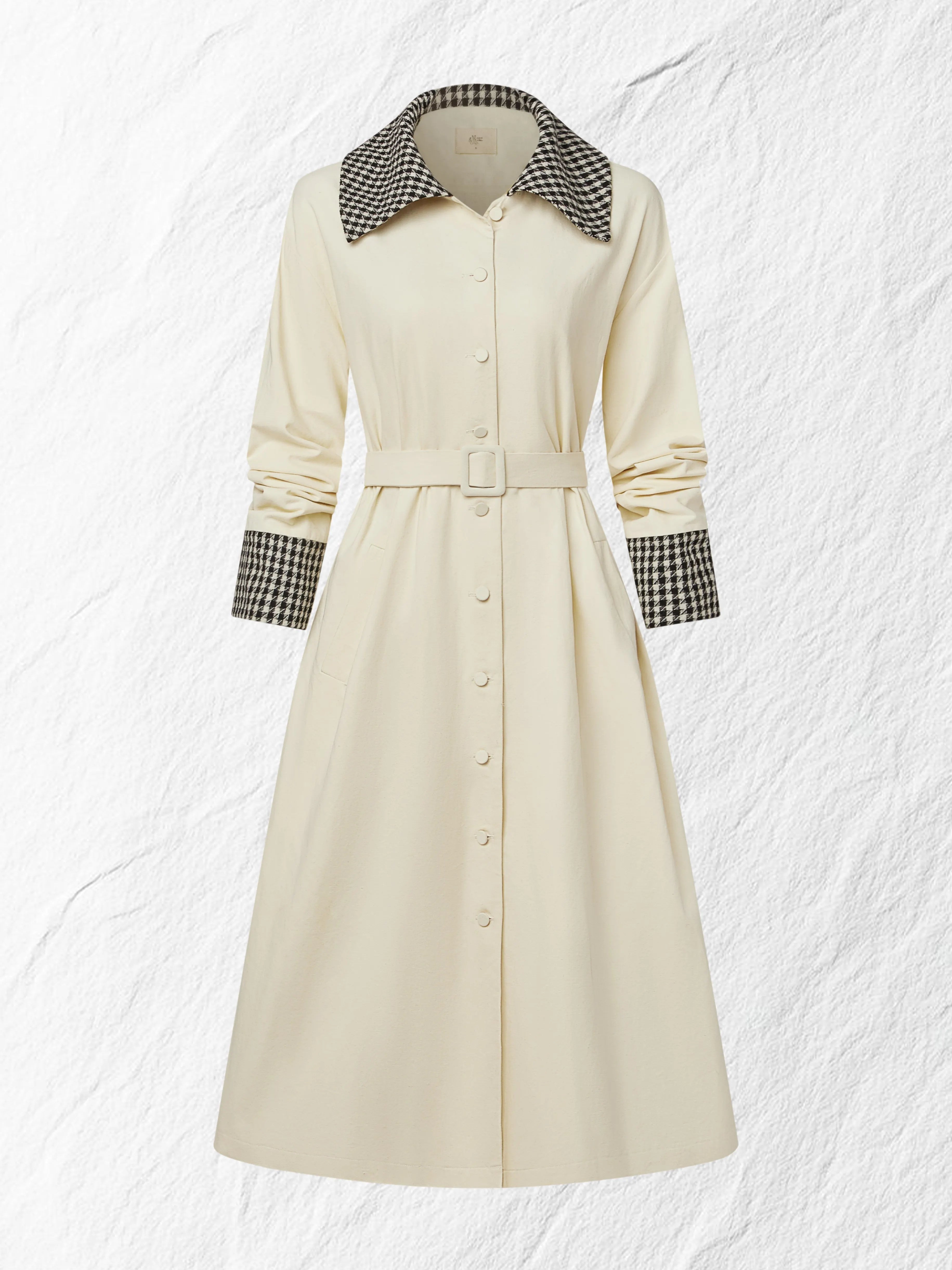 Cotton Trench Coat, Long Sleeves, Shawl Collar, Plain, Button Design, Vintage, Apricot