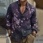 Men's Vintage Japanese Sakura Embroidered Art Lapel Long Sleeve Linen Shirt