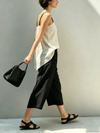 Beige Ruched Drawstring Cami & Black Wide-Leg Culottes Set