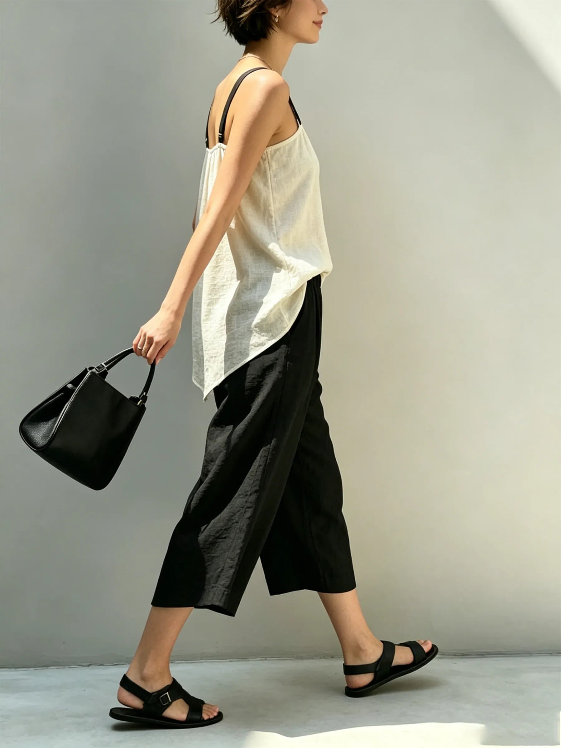 Beige Ruched Drawstring Cami & Black Wide-Leg Culottes Set