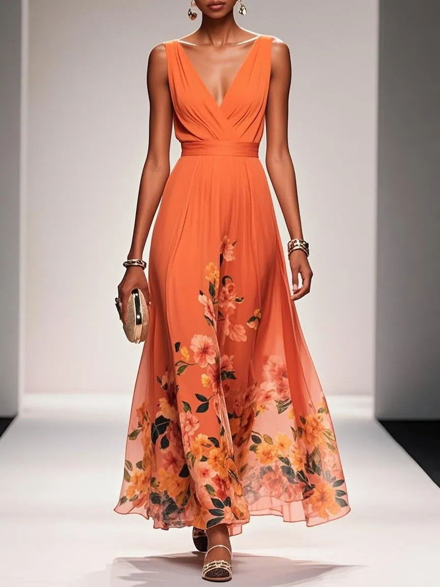 Orange Floral Chiffon V Neck Sleeveless A-Line Maxi Dress