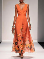 Orange Floral Chiffon V Neck Sleeveless A-Line Maxi Dress