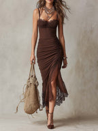 Bohemian Lace Trim Ruched Midi Dress