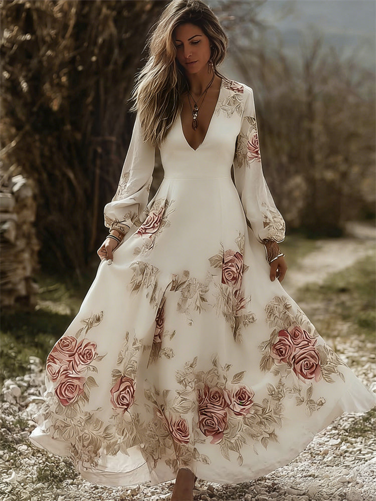 Vintage Cottagecore Roses Print V Neck Flowy Maxi Dress