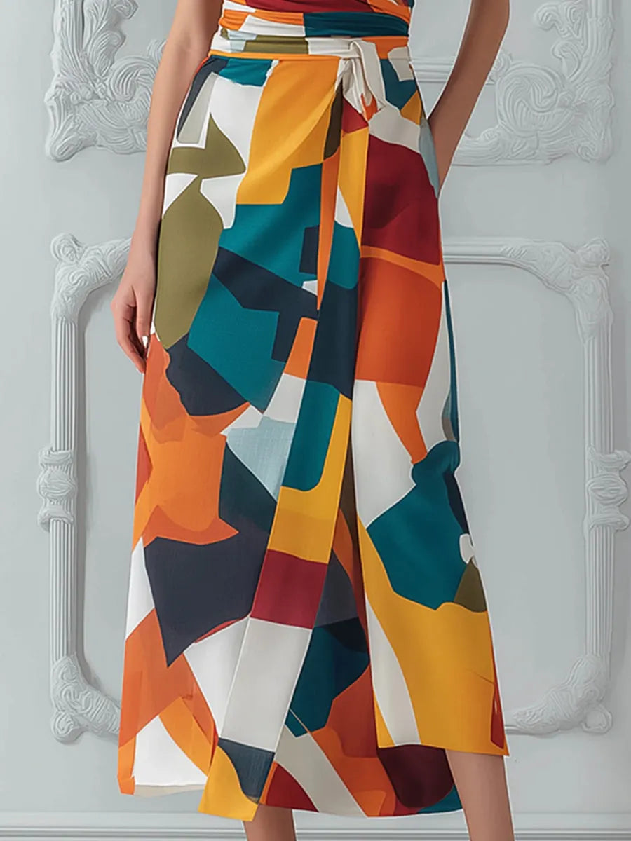 Color Block Abstract Print Wrap Midi Dress