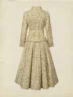 Midi Cotton Skirt Set, Long Sleeves, V Neck, Leaf, Plants, Button Design, Vintage, Light Khaki