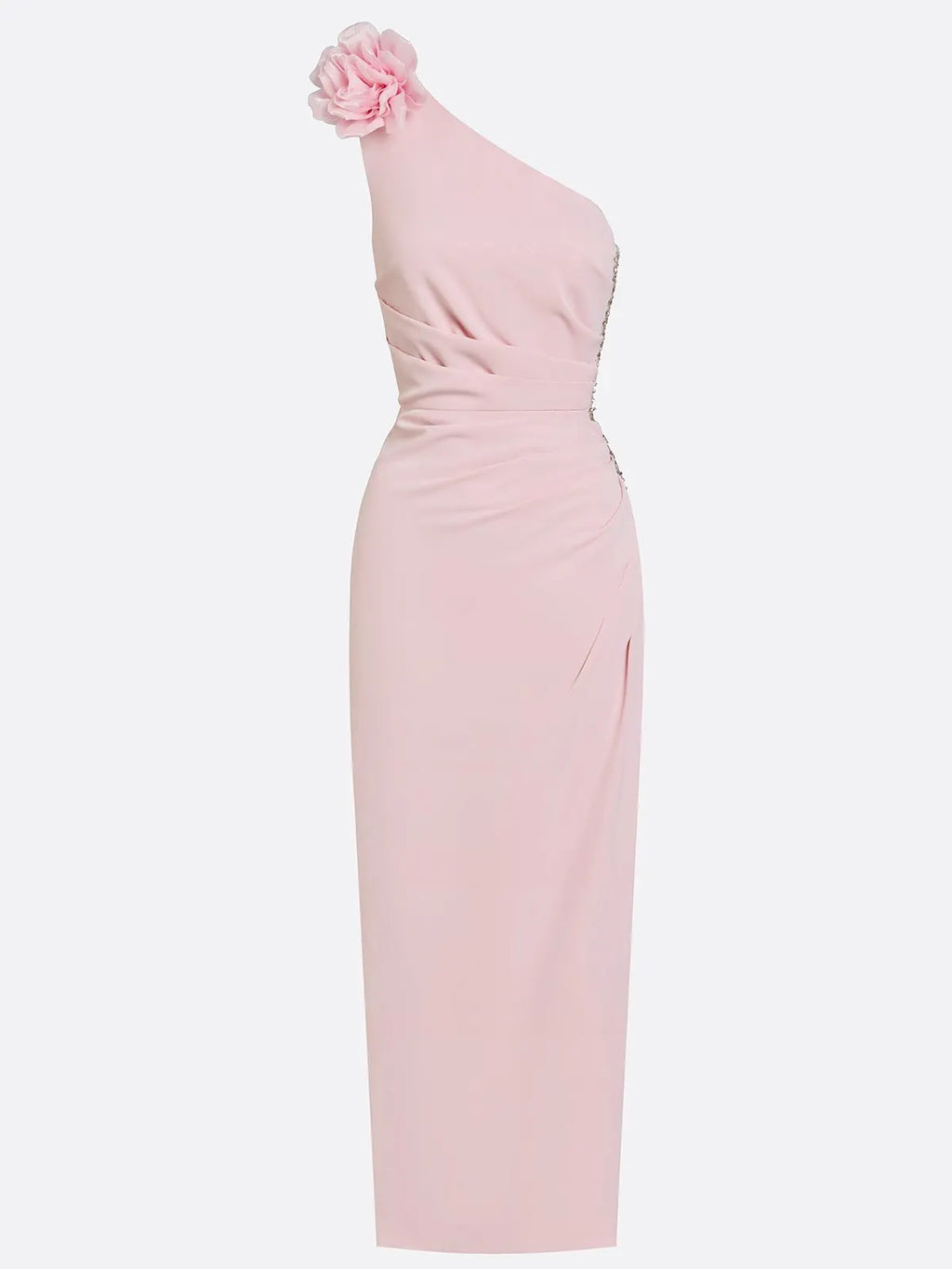 Pink 3D Floral Rhinestone Classic One Shoulder Sleeveless Sheath Maxi Dress