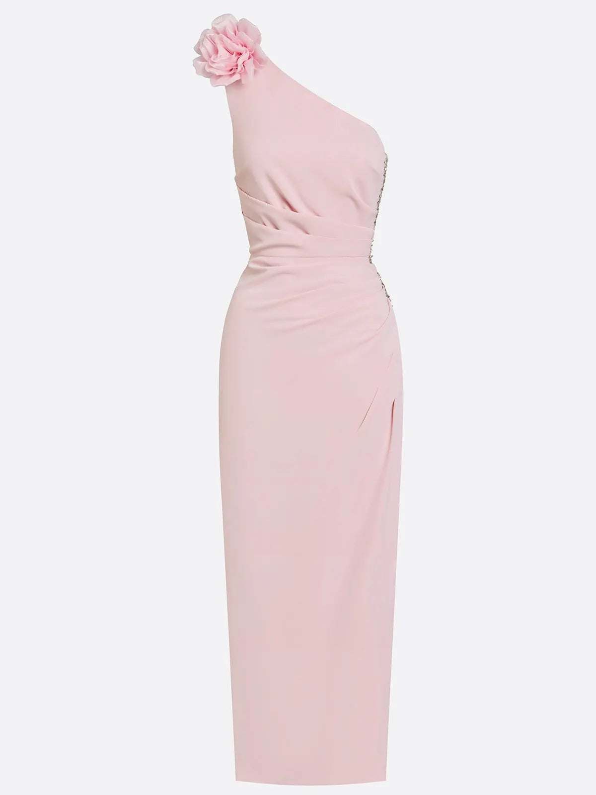 Pink 3D Floral Rhinestone Classic One Shoulder Sleeveless Sheath Maxi Dress