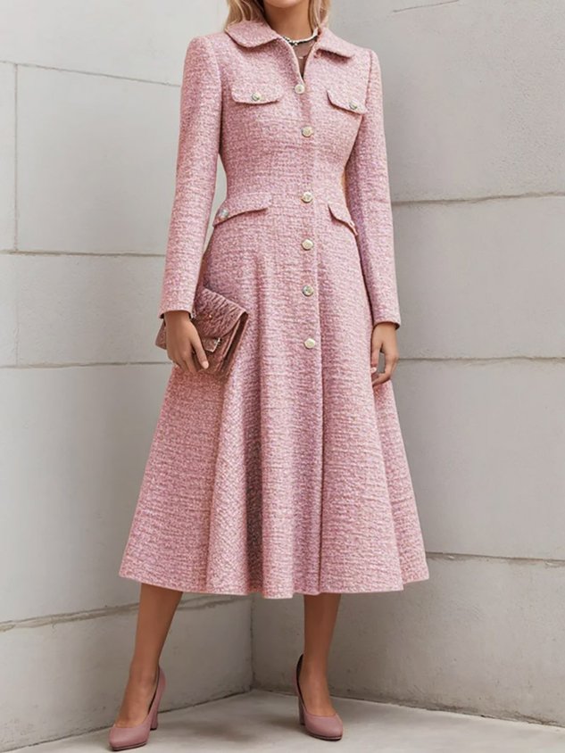 Pink Buckle Tweed Pointed Collar Long Sleeve A-Line Midi Dress