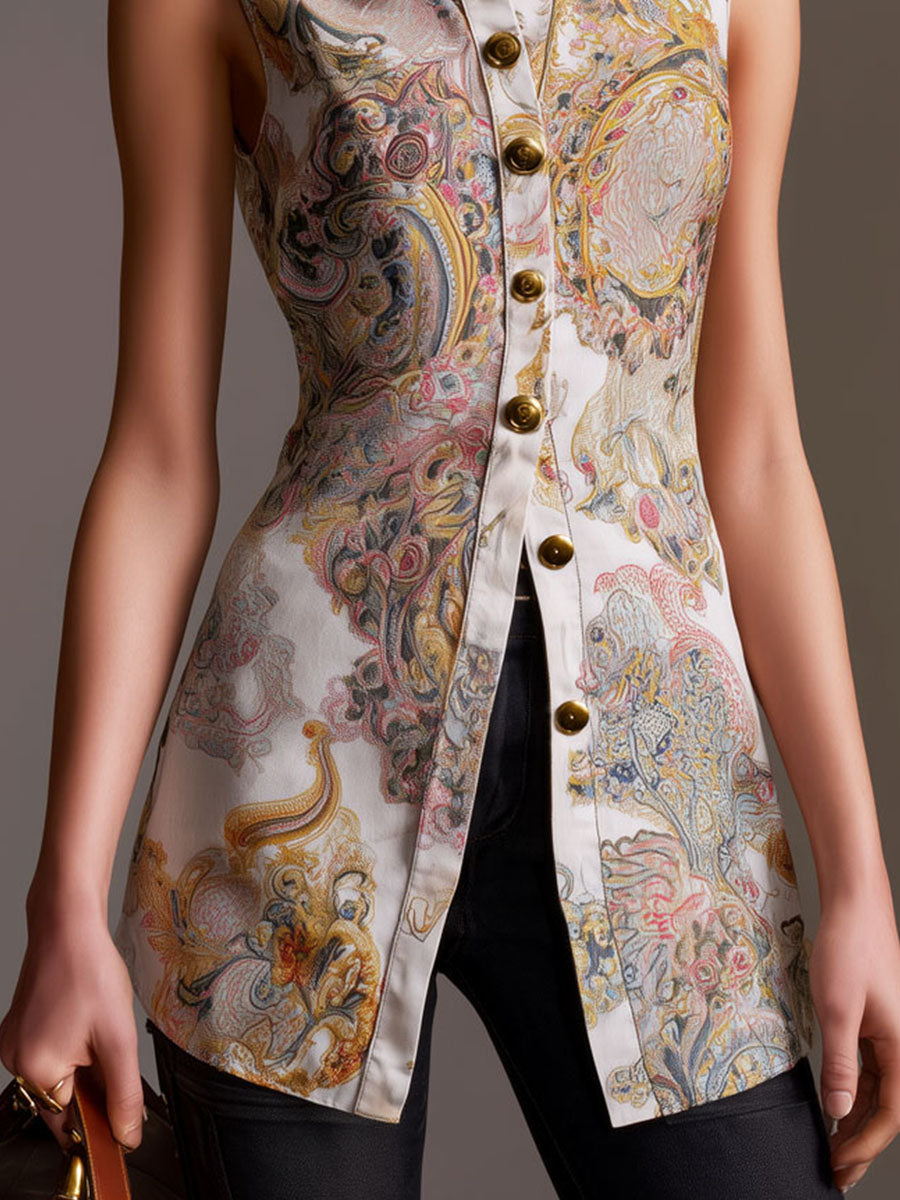 Retro Sleeveless Baroque Print Satin Longline Blouse With Button-Front