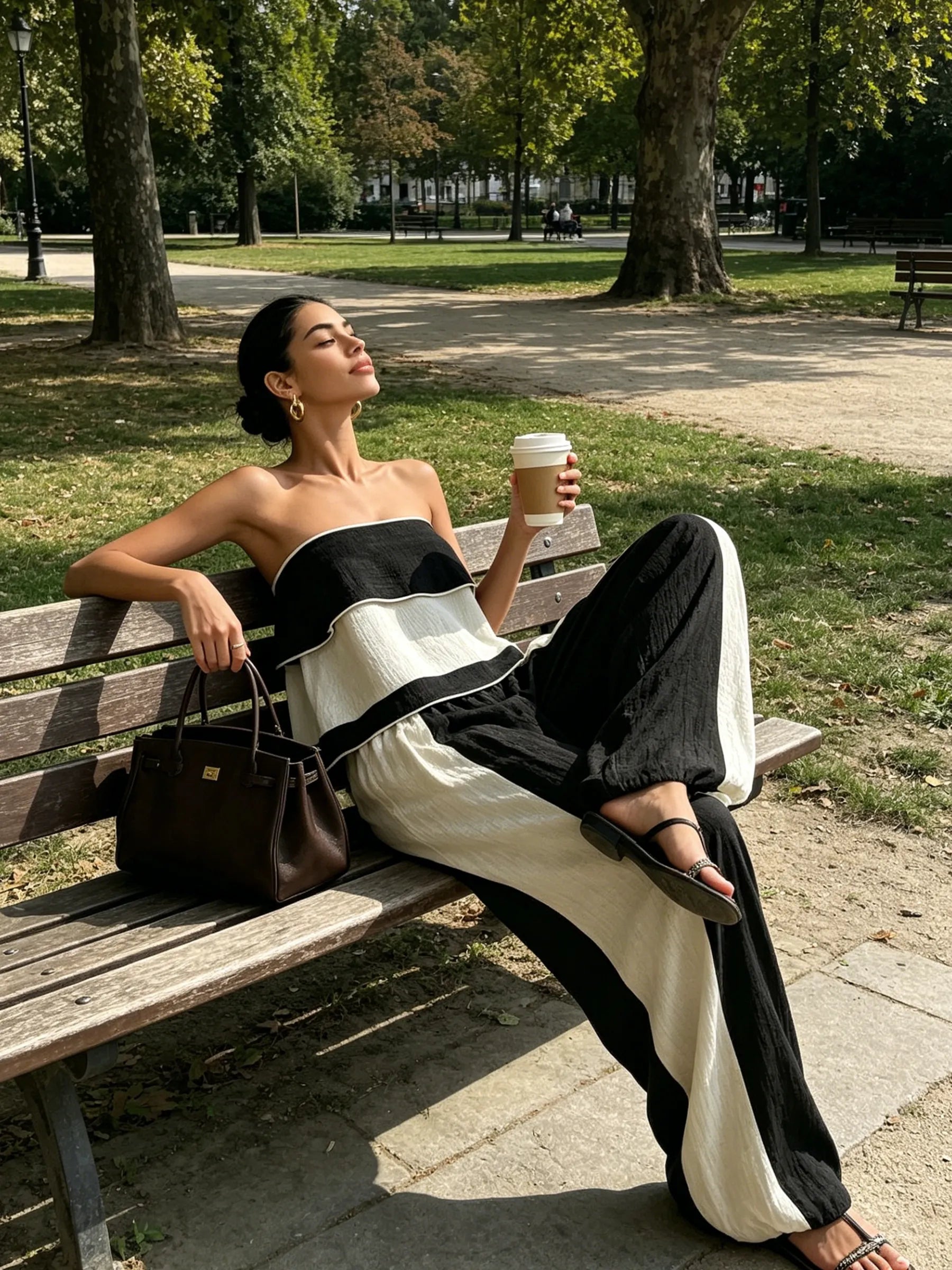 Black & White Color-Block Strapless Top & Balloon Pants Two-Piece Set