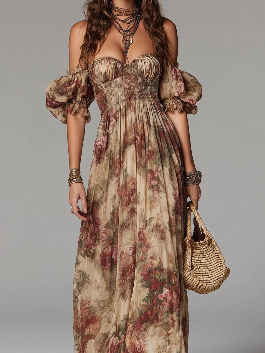 Off-the-Shoulder Maxi Dress With Oil Painting-Style Floral Print