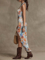 Boho Tie-Dye Print Halter Ruched Midi Dress