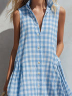 Chic Urban Blue Yarn-Dyed Plaid Lapel Sleeveless Maxi Dress