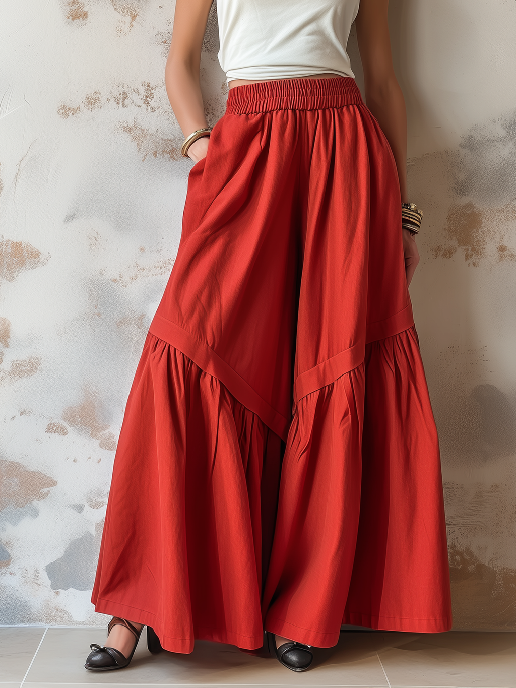 Red Tiered Wide-Leg Palazzo Pants With Elastic Waist & Pockets