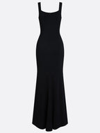 Black Applique Rhinestone Knit Square Neck Sleeveless Sheath Gown Dress