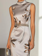 Stylish Grey Satin Dress with Floral Print and Waist Chain