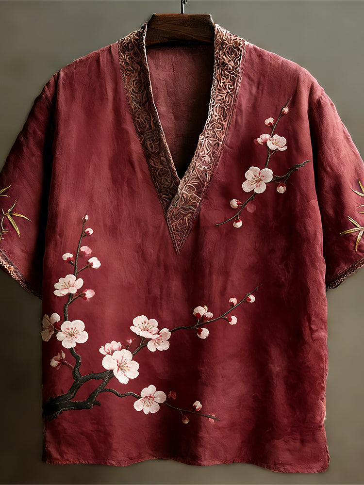 Japanese Plum Pattern Linen Short Sleeve V-neck Shirt