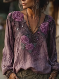 Vintage Purple Rose Design Summer V-neck Long-sleeved Linen Top