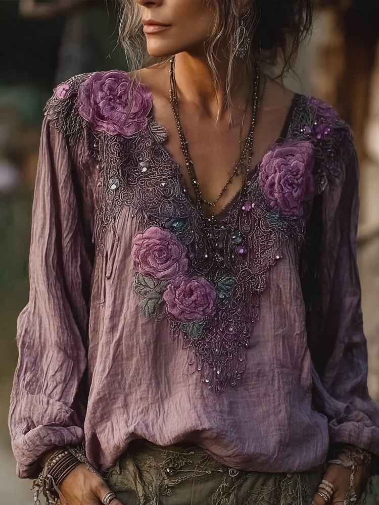Vintage Purple Rose Design Summer V-neck Long-sleeved Linen Top