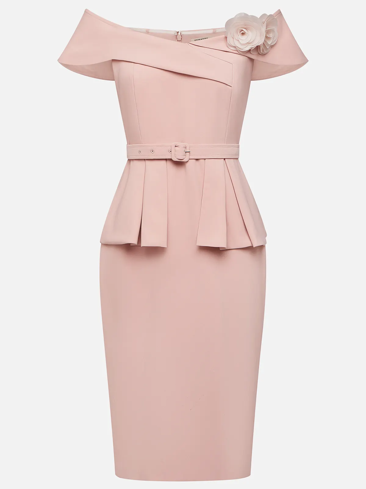 Pink 3D Floral Peplum Off The Shoulder Short Sleeve Sheath Midi Dress