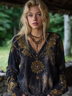 Mysterious Sun Divination Art V-neck Tie-dyed Linen Top