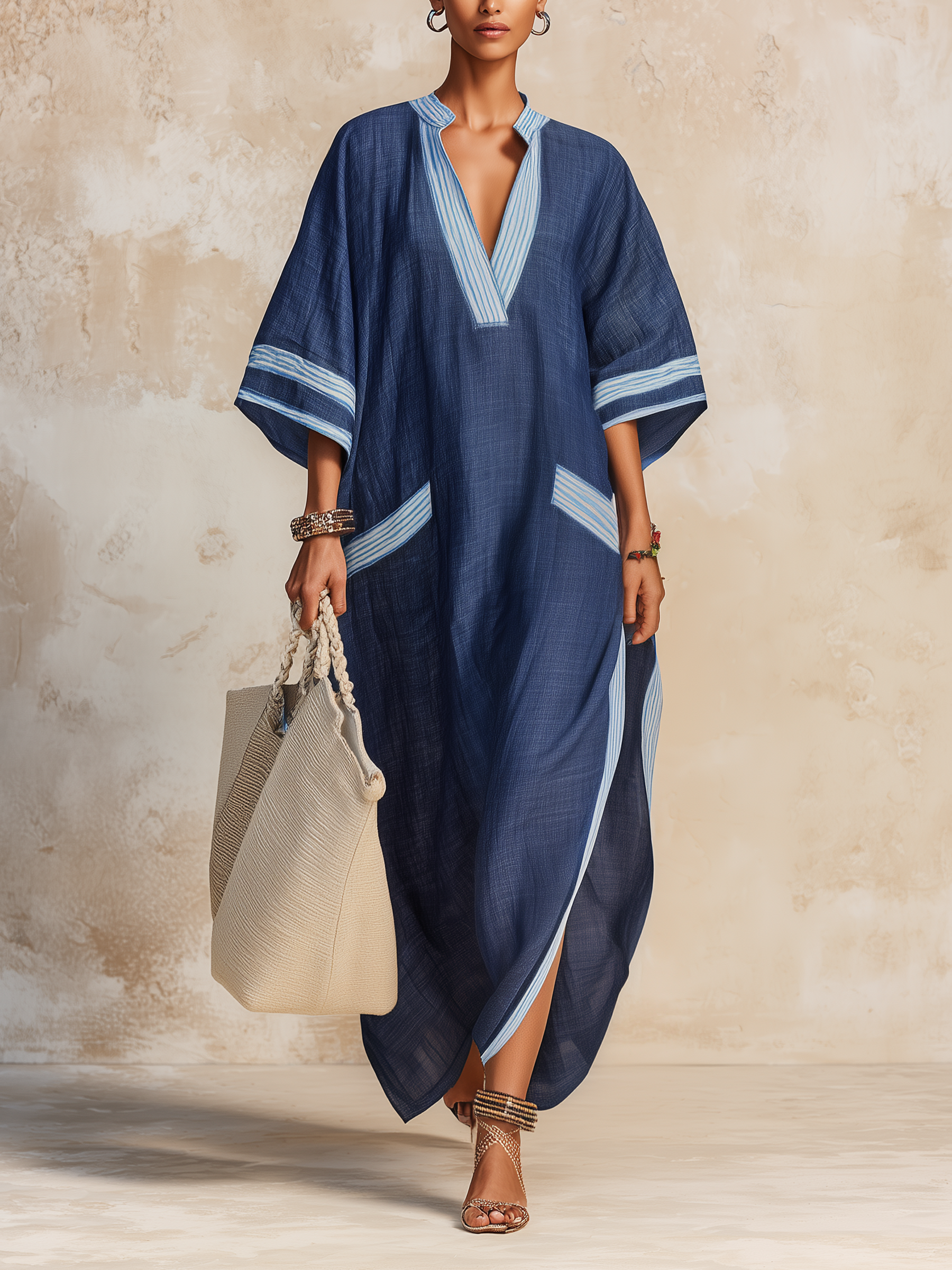 Navy Striped Linen-Blend Kaftan Maxi Dress - Breathable Resort Cover-Up