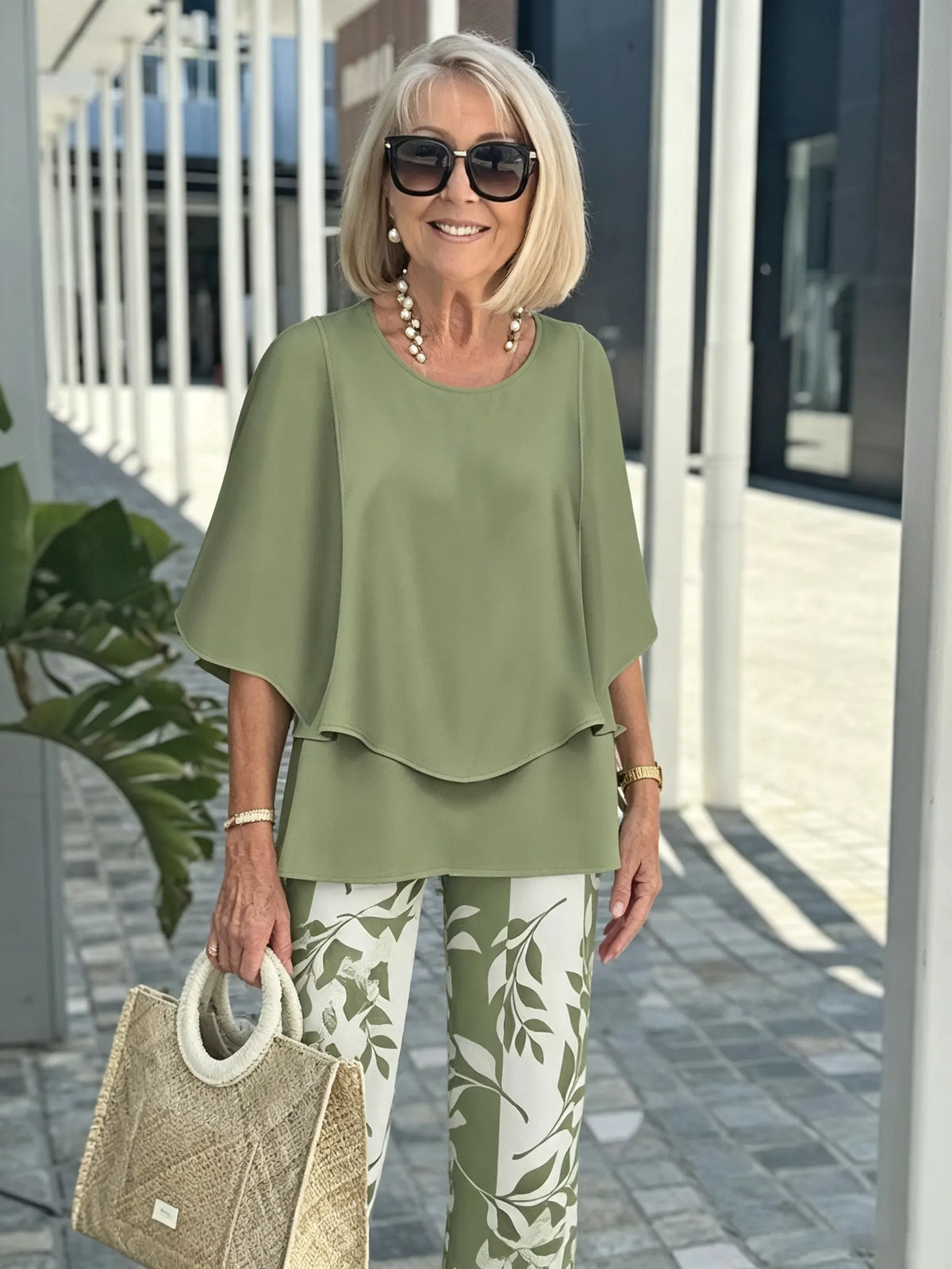 Women's 2 Piece Outfits Set, Crew Neck Flutter Sleeve Layered Blouse & Leaf Print Straight Leg Pants, Casual Loose Matching Two Piece Set for Summer Daily Wear