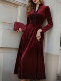 Midi Cotton Dress, Long Sleeves, Stand Collar, Plain, Lace, French Vintage, Wine Red