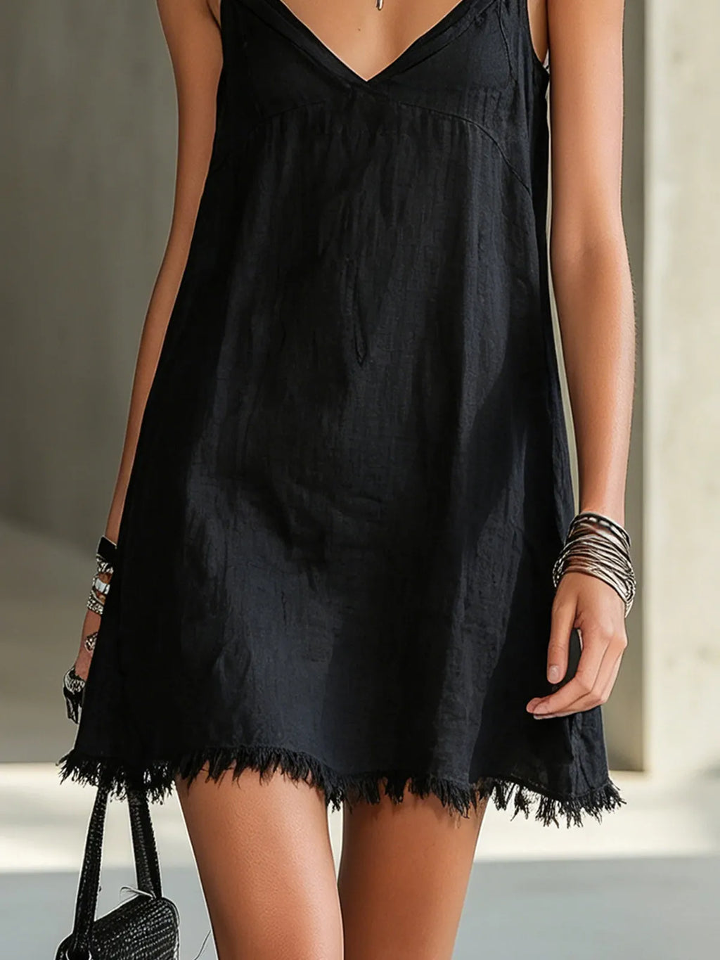 Black V-Neck Mini Dress With Floral Shoulder Straps