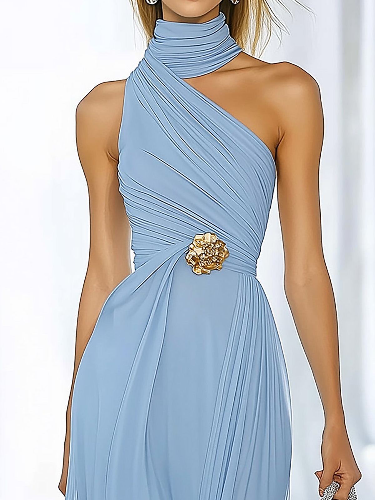 Stylish Light Blue Dress with Unique Neck Design and Gold Waist Detail