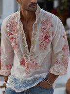 Men's Vintage Floral Embroidered Art Print Casual Shirt