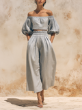 Off-the-Shoulder Puff Sleeve Linen Two-Piece Set