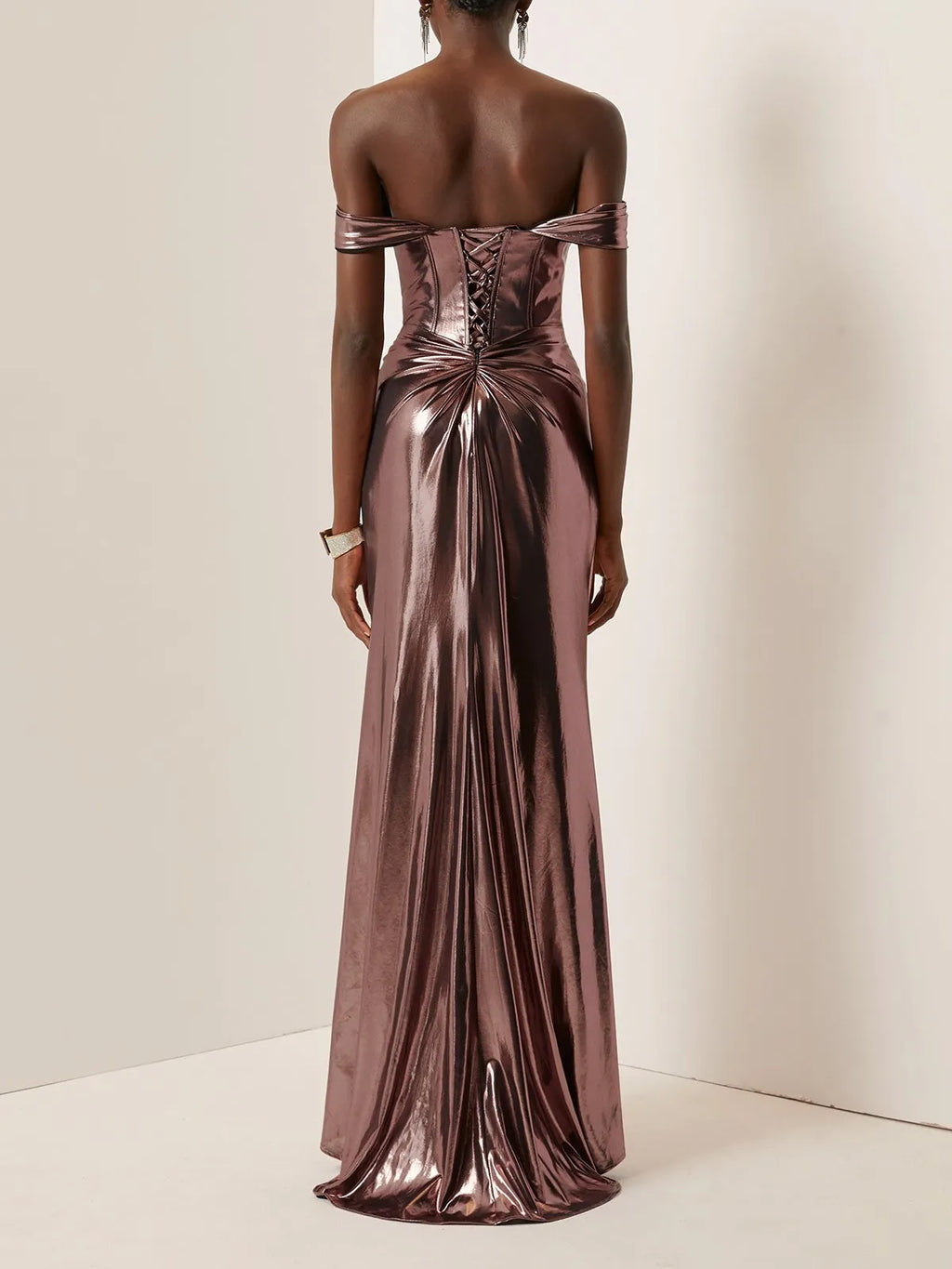 Dark Rose Glod Metallic Ruched Satin Off The Shoulder Sleeveless Sheath Corset Maxi Dress