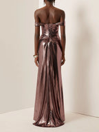 Dark Rose Glod Metallic Ruched Satin Off The Shoulder Sleeveless Sheath Corset Maxi Dress