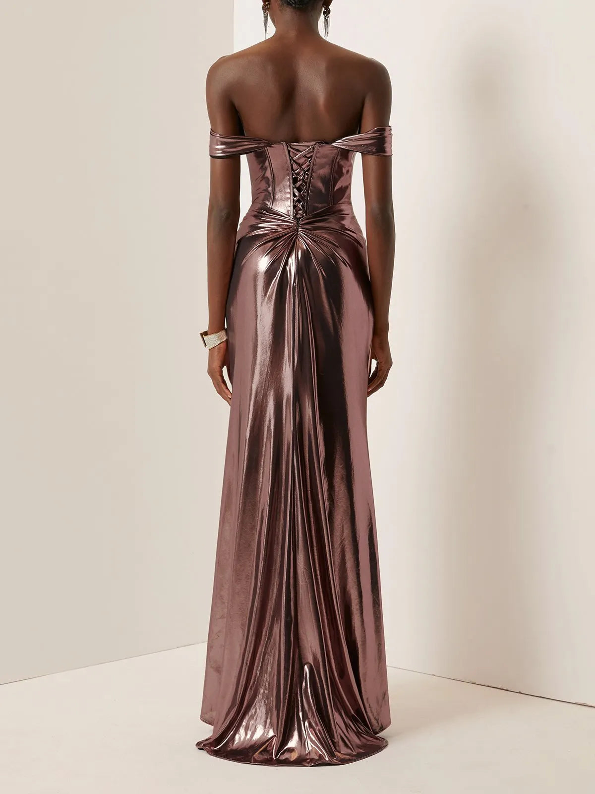Dark Rose Glod Metallic Ruched Satin Off The Shoulder Sleeveless Sheath Corset Maxi Dress